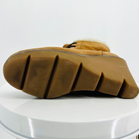 Vintage Y2K Michael Kors Tan Suede Faux Fur Lace-Up Wedge Ankle Boots - Picture 6 of 8